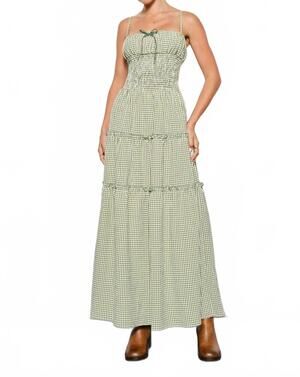 NEW PRETTY GARBAGE women's wild west gingham dress in olive cream